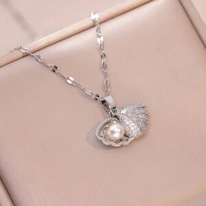 Silver Seashell Necklace, Seashell with Pearl Necklace